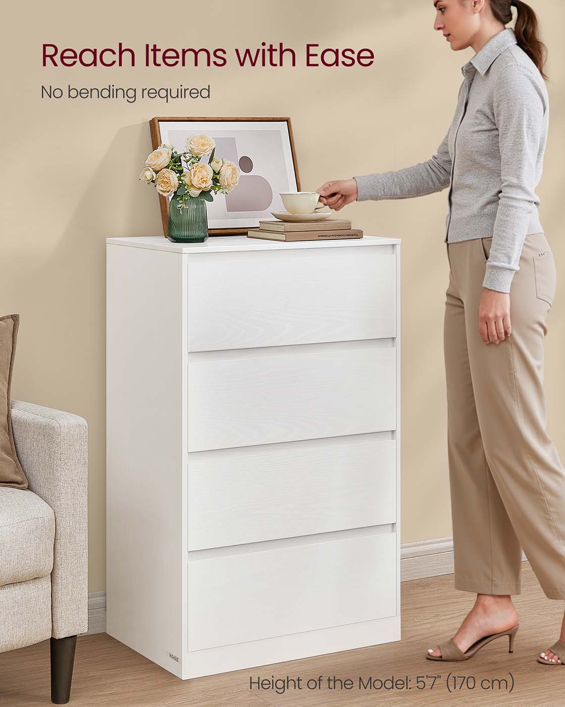 Chest of Drawers - Engineered Wood - Snow White - Sturdy Design for Everyday Use