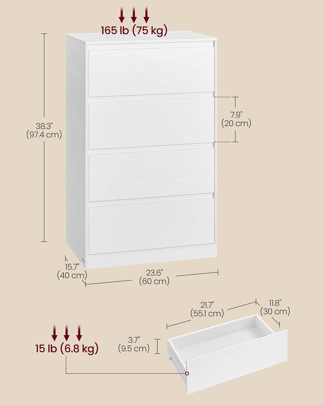 Chest of Drawers - Engineered Wood - Snow White - Sturdy Design for Everyday Use