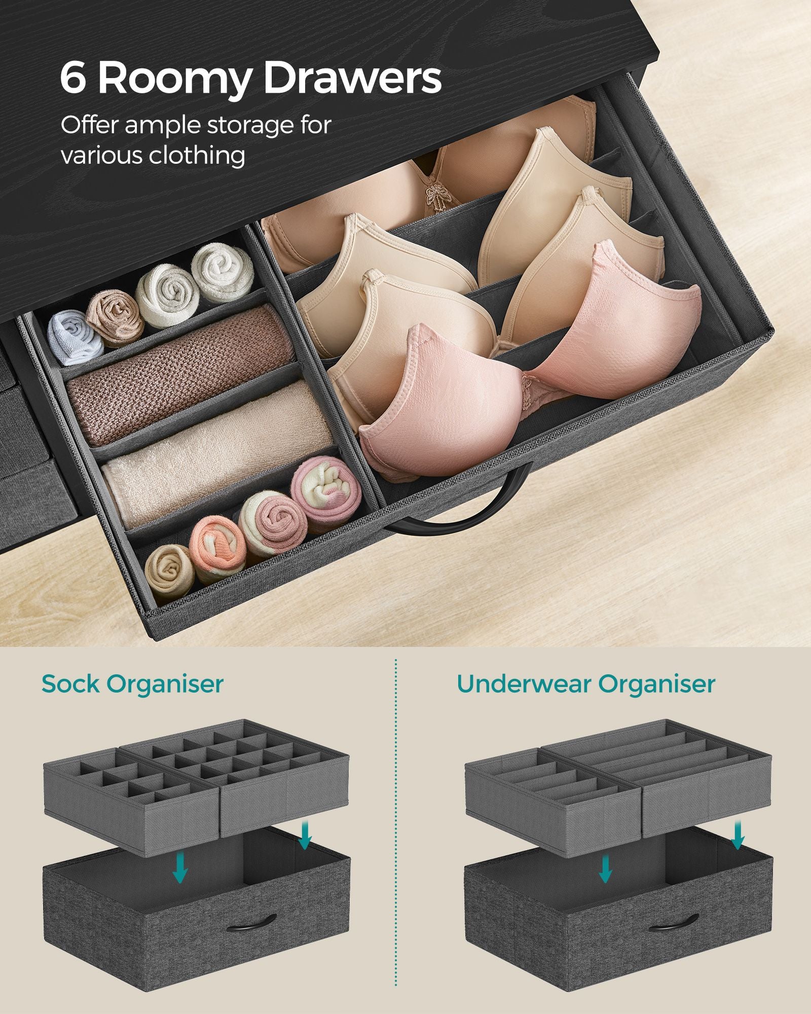 6-Drawer Dresser - Fabric - Charcoal Grey - Organizer with Side Pockets and Drawer Dividers