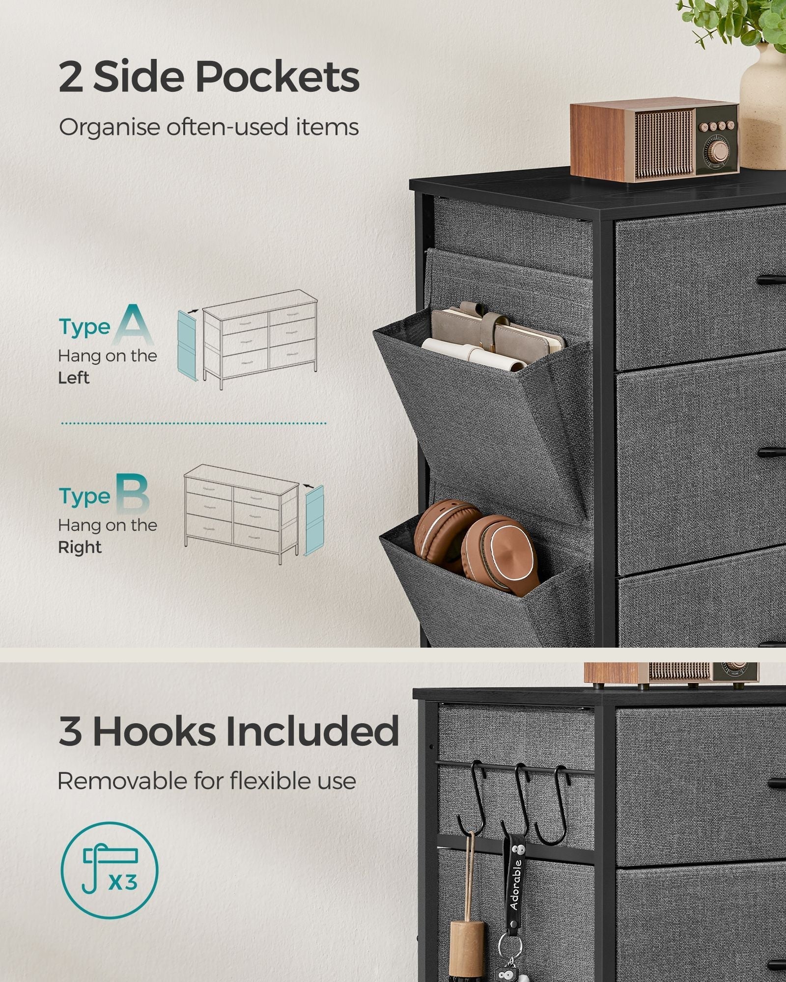 6-Drawer Dresser - Fabric - Charcoal Grey - Organizer with Side Pockets and Drawer Dividers