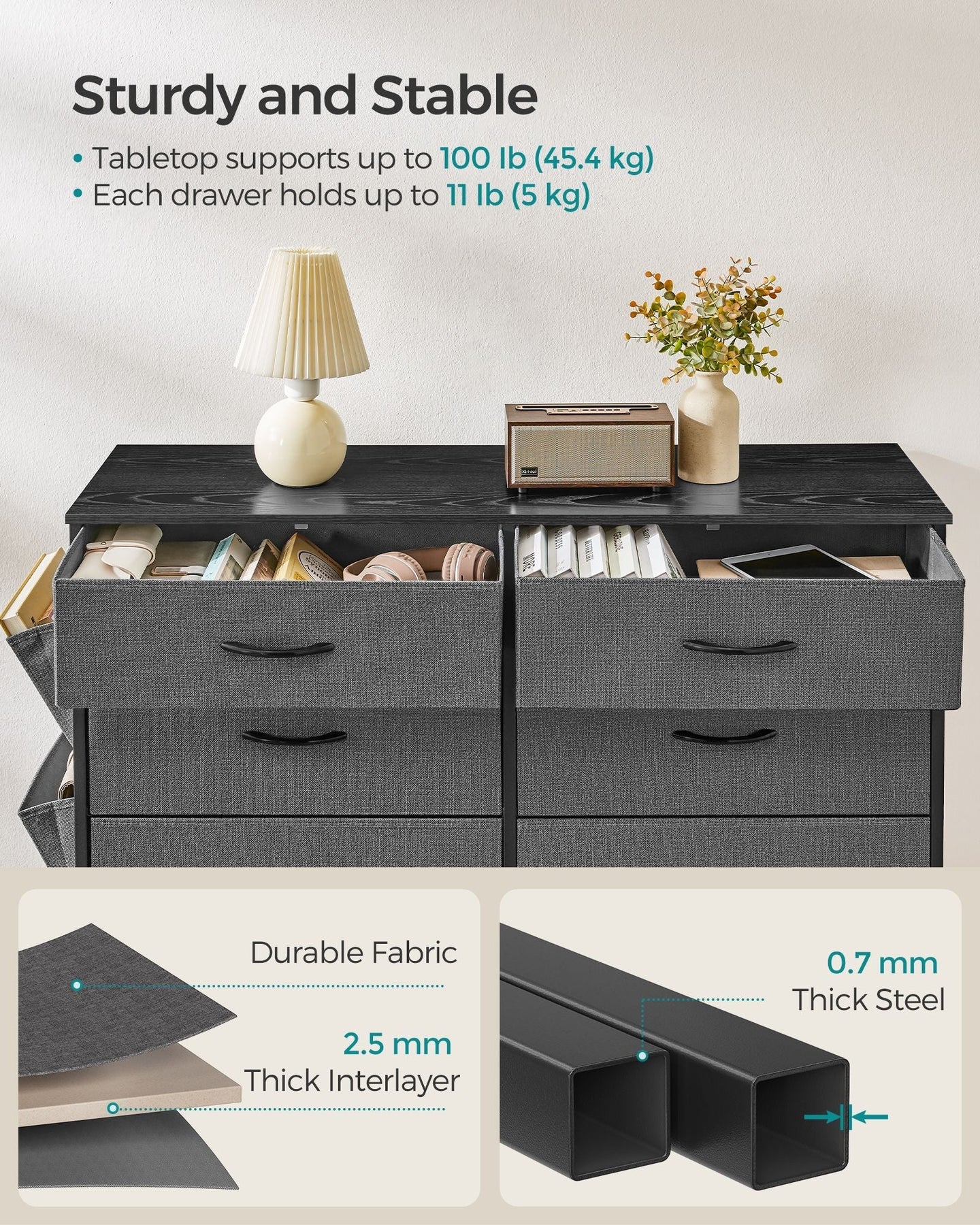 6-Drawer Dresser - Fabric - Charcoal Grey - Organizer with Side Pockets and Drawer Dividers