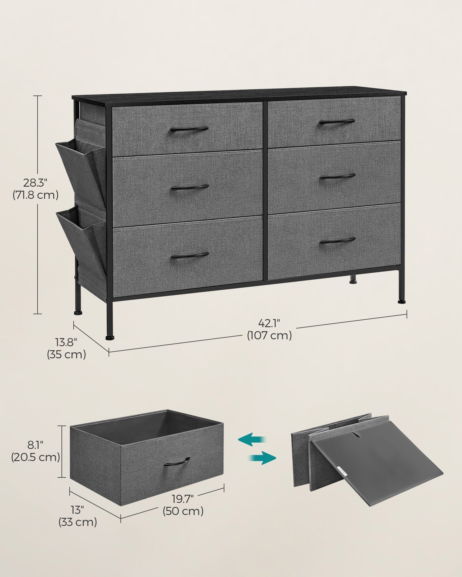 6-Drawer Dresser - Fabric - Charcoal Grey - Organizer with Side Pockets and Drawer Dividers