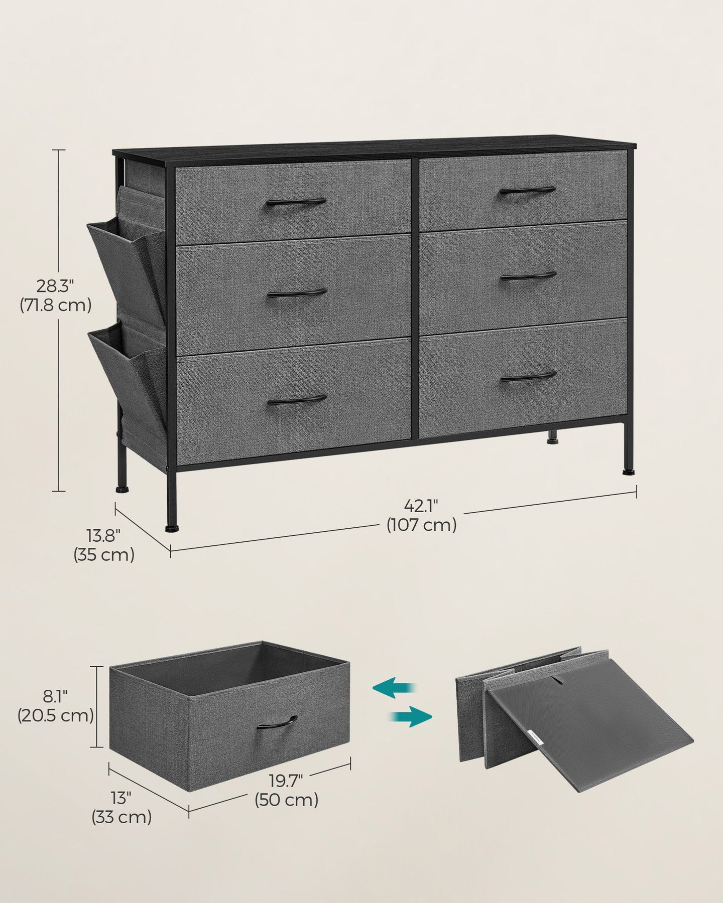 6-Drawer Dresser - Fabric - Charcoal Grey - Organizer with Side Pockets and Drawer Dividers