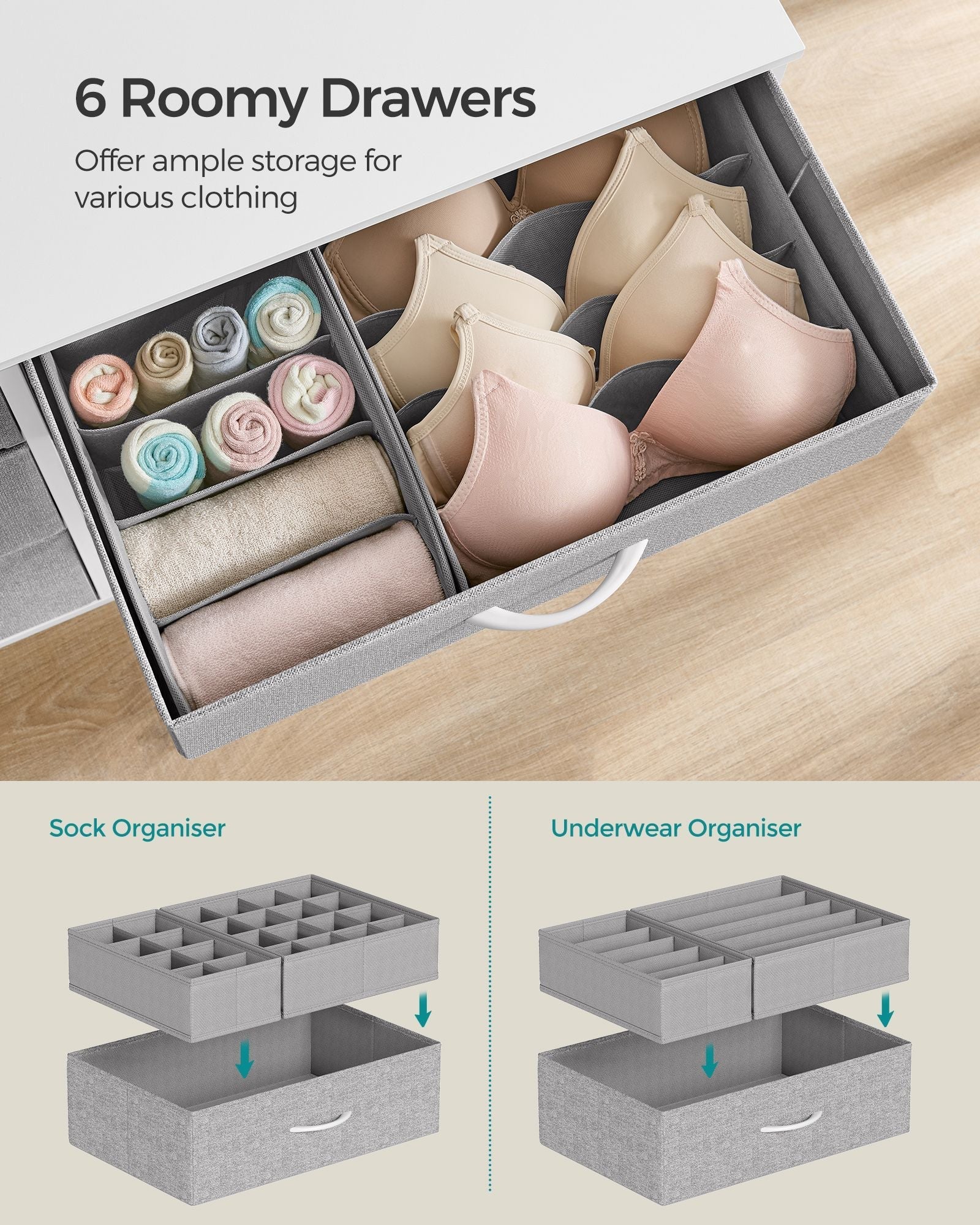 6-Drawer Dresser - Fabric - Cloud White - Includes Side Pockets and Drawer Dividers