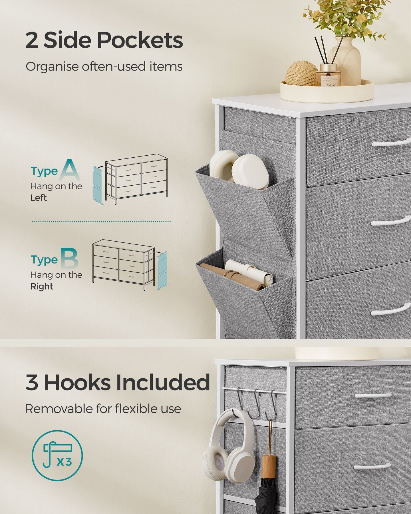 6-Drawer Dresser - Fabric - Cloud White - Includes Side Pockets and Drawer Dividers