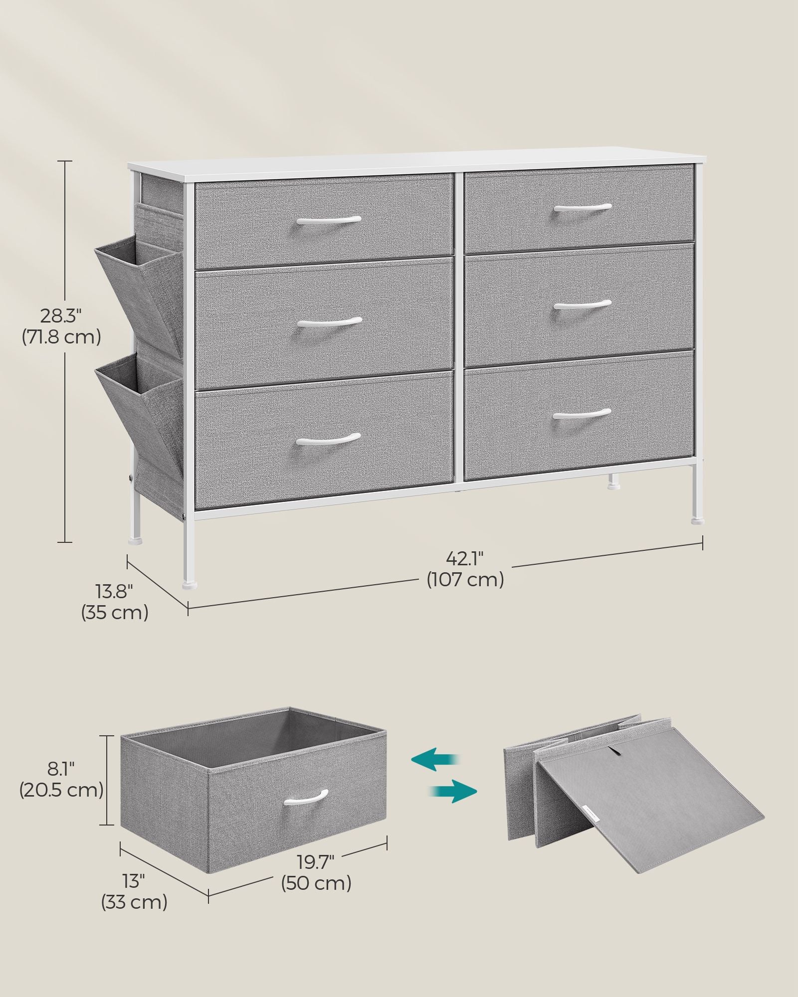 6-Drawer Dresser - Fabric - Cloud White - Includes Side Pockets and Drawer Dividers