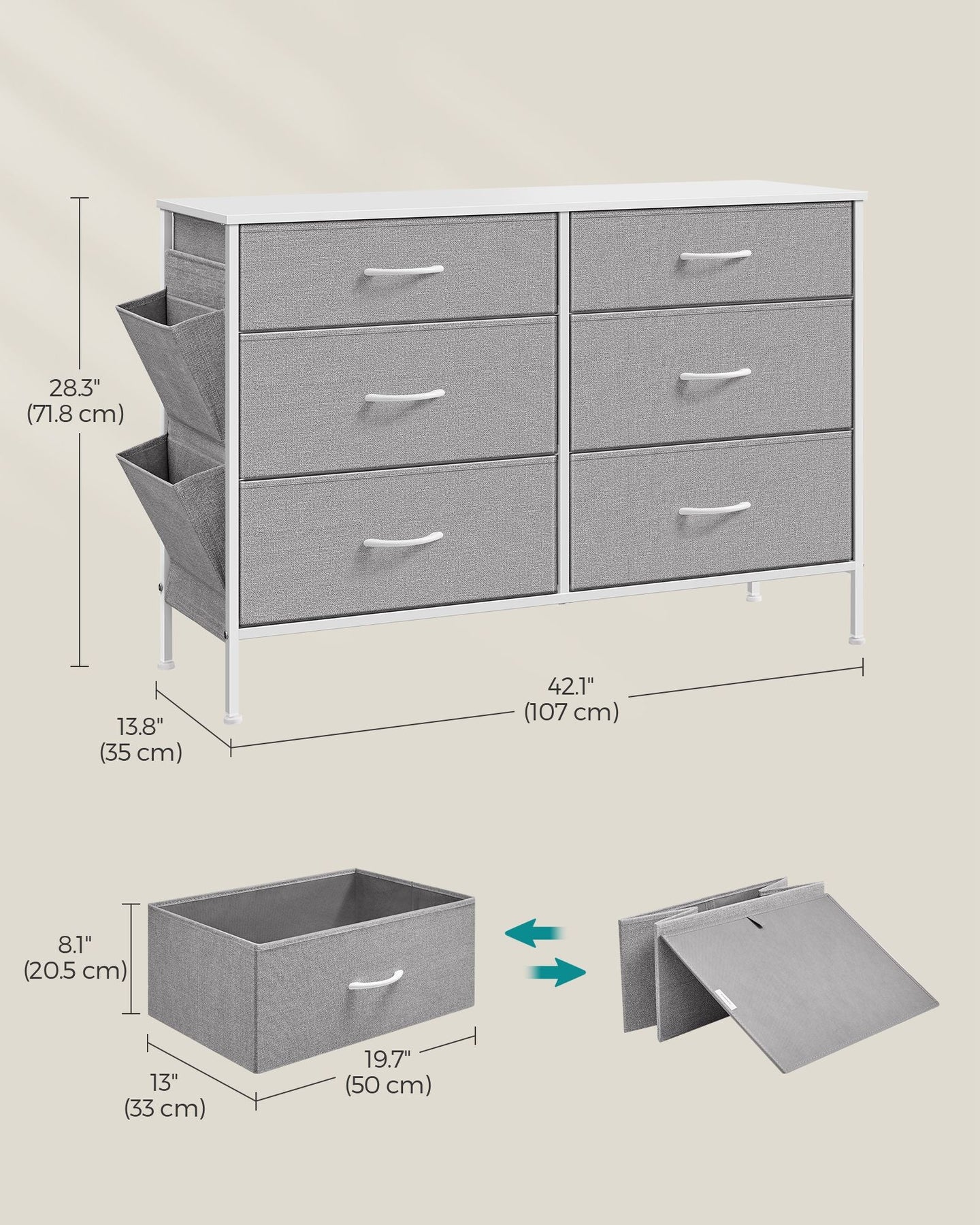 6-Drawer Dresser - Fabric - Cloud White - Includes Side Pockets and Drawer Dividers