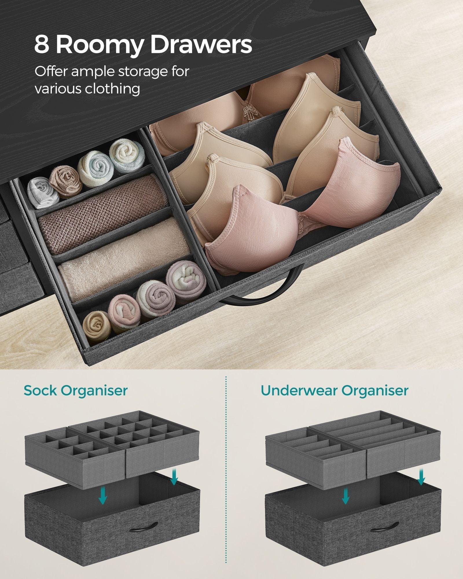 8-Drawer Fabric Dresser - Charcoal Grey - Storage Organizer with Side Pockets and Drawer Dividers