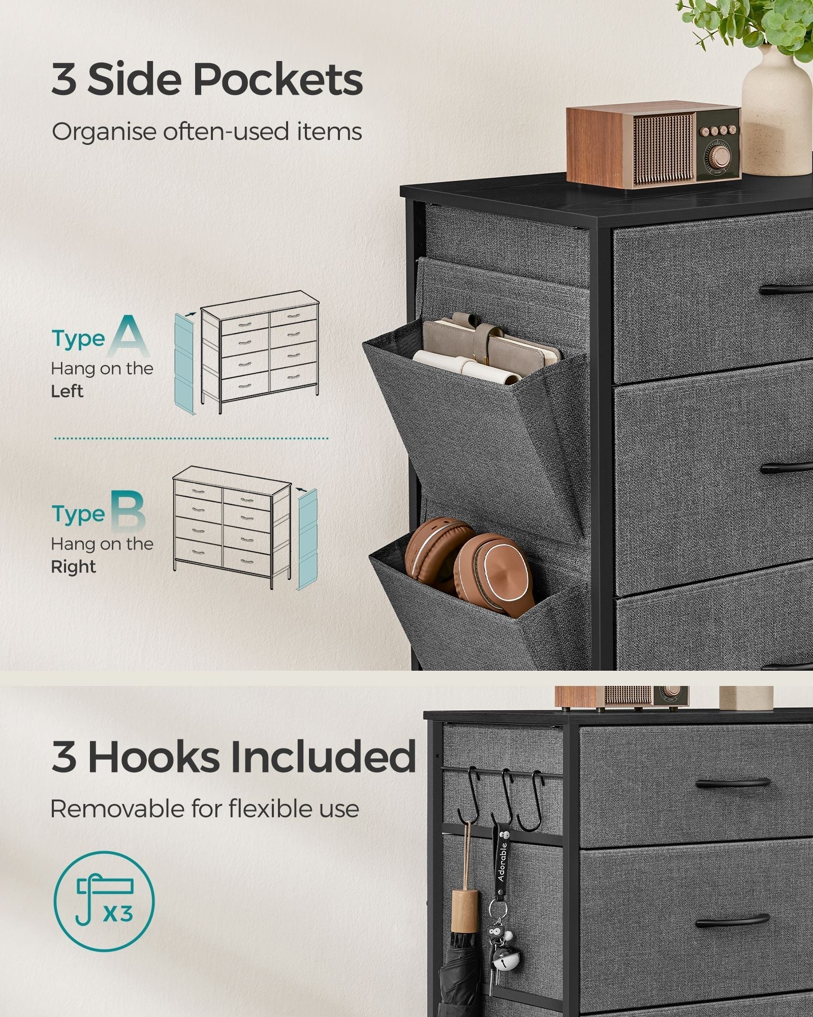 8-Drawer Fabric Dresser - Charcoal Grey - Storage Organizer with Side Pockets and Drawer Dividers