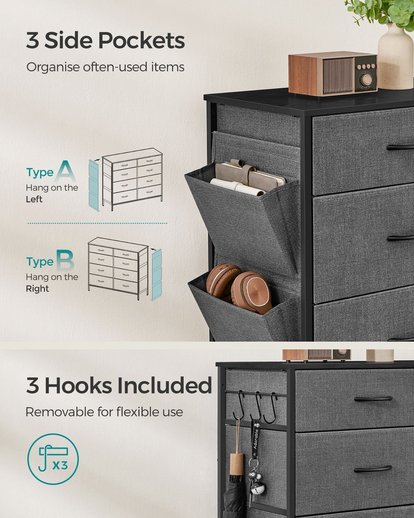 8-Drawer Fabric Dresser - Charcoal Grey - Storage Organizer with Side Pockets and Drawer Dividers