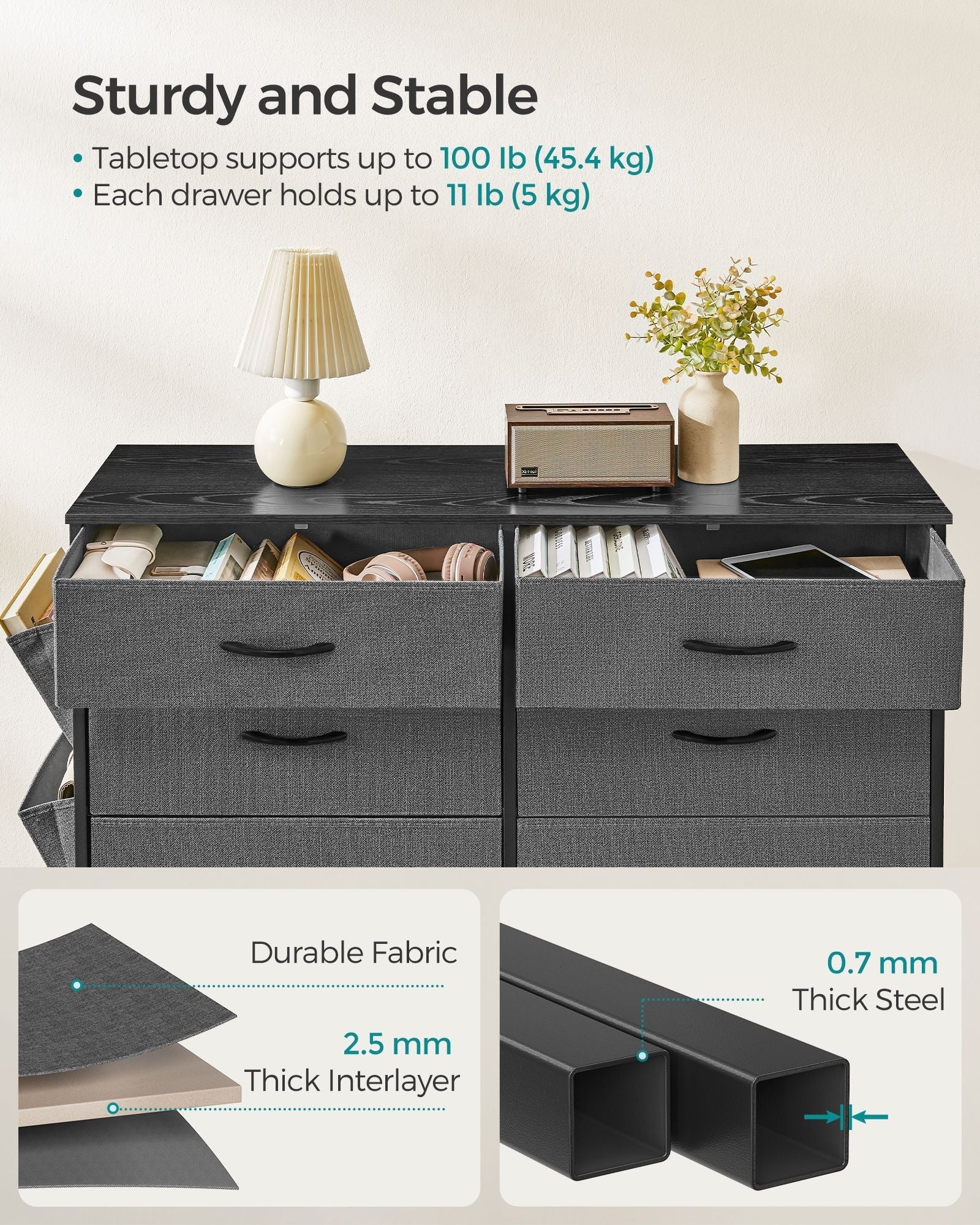 8-Drawer Fabric Dresser - Charcoal Grey - Storage Organizer with Side Pockets and Drawer Dividers