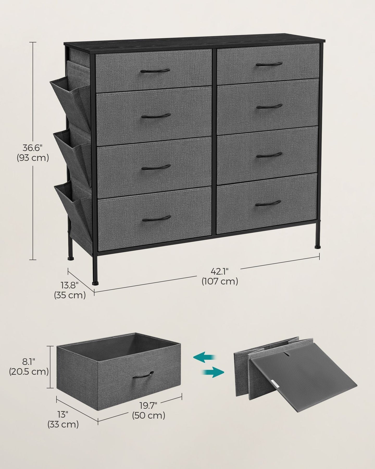 8-Drawer Fabric Dresser - Charcoal Grey - Storage Organizer with Side Pockets and Drawer Dividers