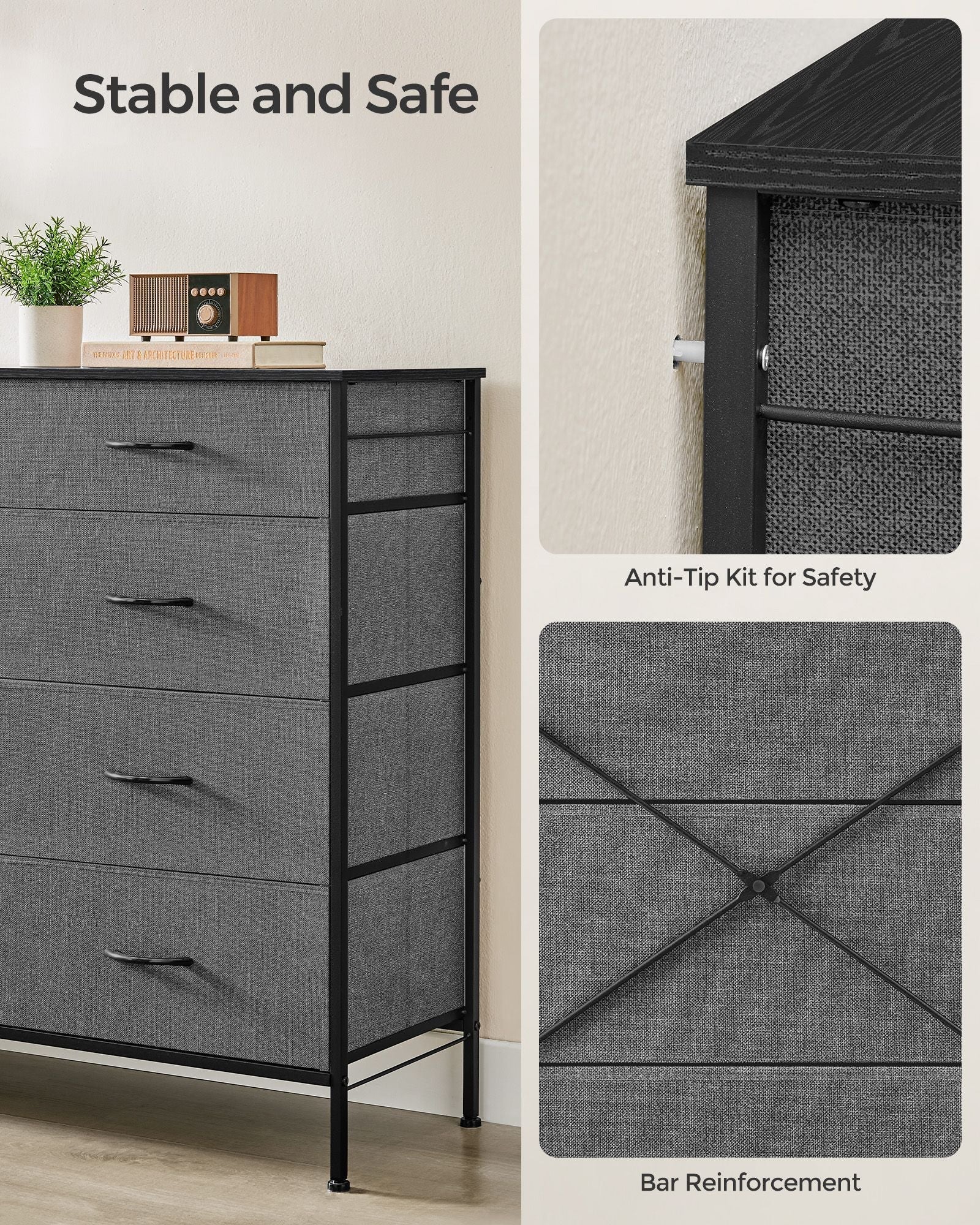 8-Drawer Fabric Dresser - Charcoal Grey - Storage Organizer with Side Pockets and Drawer Dividers