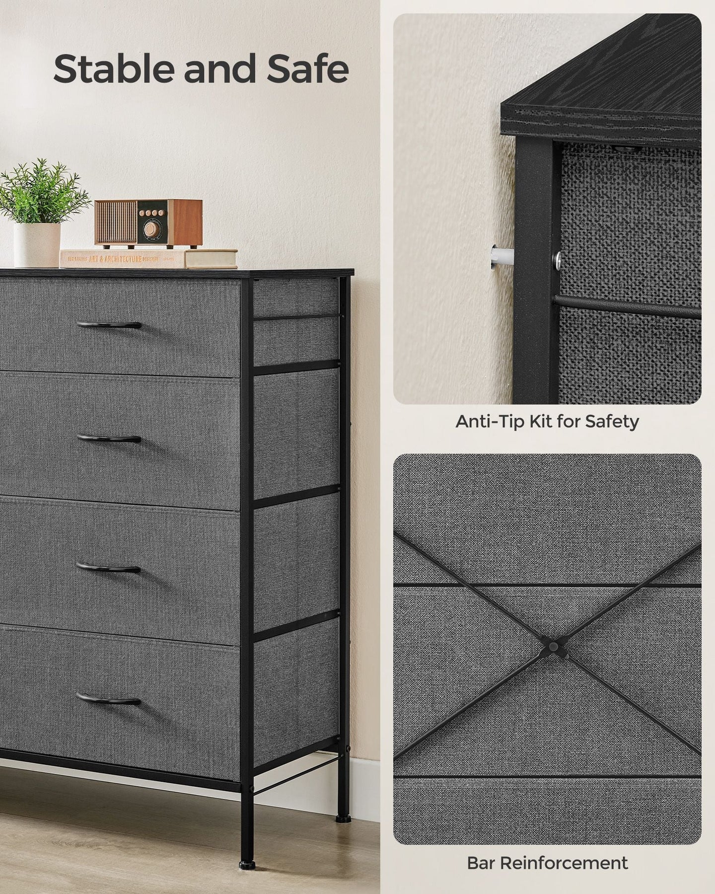 8-Drawer Fabric Dresser - Charcoal Grey - Storage Organizer with Side Pockets and Drawer Dividers