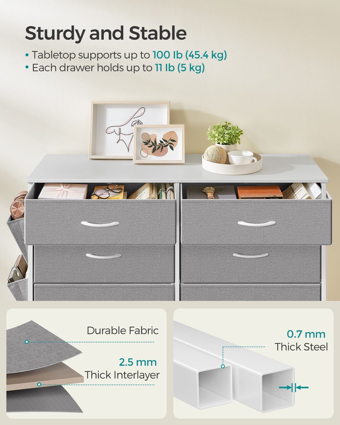 8-Drawer Dresser - Fabric - Cloud White - Includes Side Pockets and Drawer Dividers