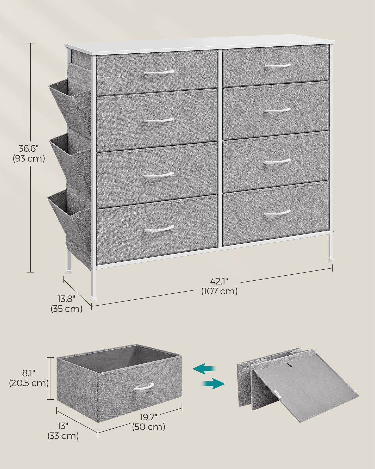 8-Drawer Dresser - Fabric - Cloud White - Includes Side Pockets and Drawer Dividers