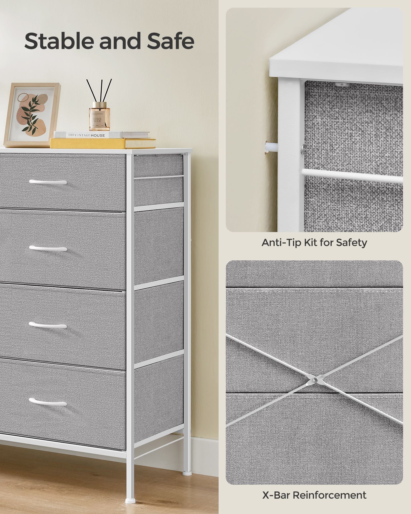 8-Drawer Dresser - Fabric - Cloud White - Includes Side Pockets and Drawer Dividers