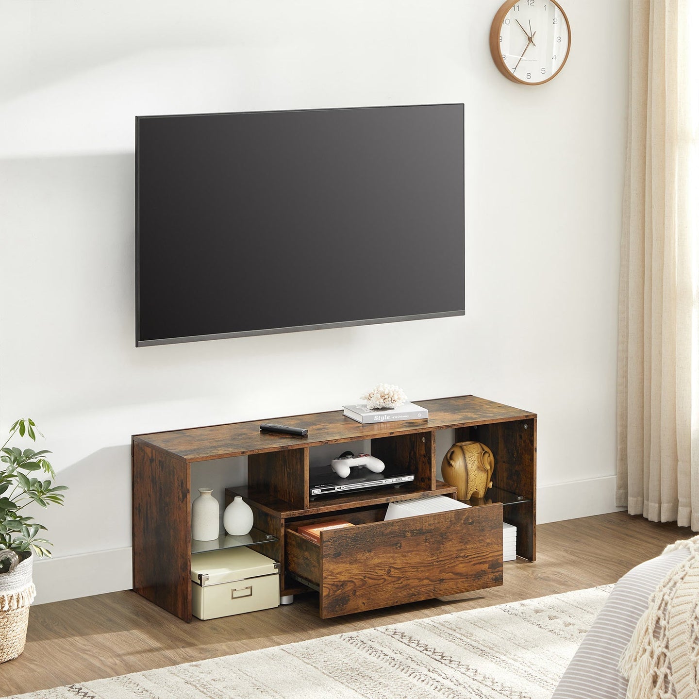 TV Stand - Wood - Rustic Brown - Features Drawer and Glass Storage Shelves for TVs up to 55 Inches