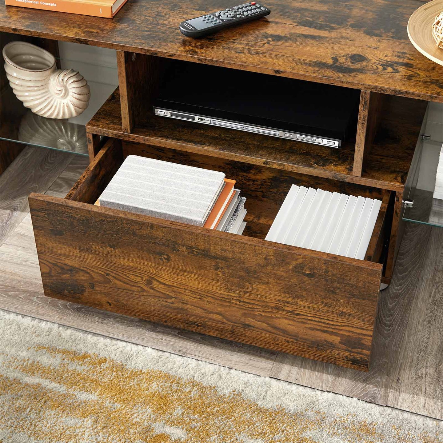 TV Stand - Wood - Rustic Brown - Features Drawer and Glass Storage Shelves for TVs up to 55 Inches