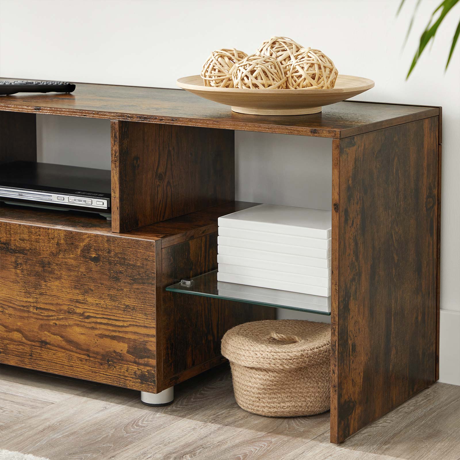 TV Stand - Wood - Rustic Brown - Features Drawer and Glass Storage Shelves for TVs up to 55 Inches