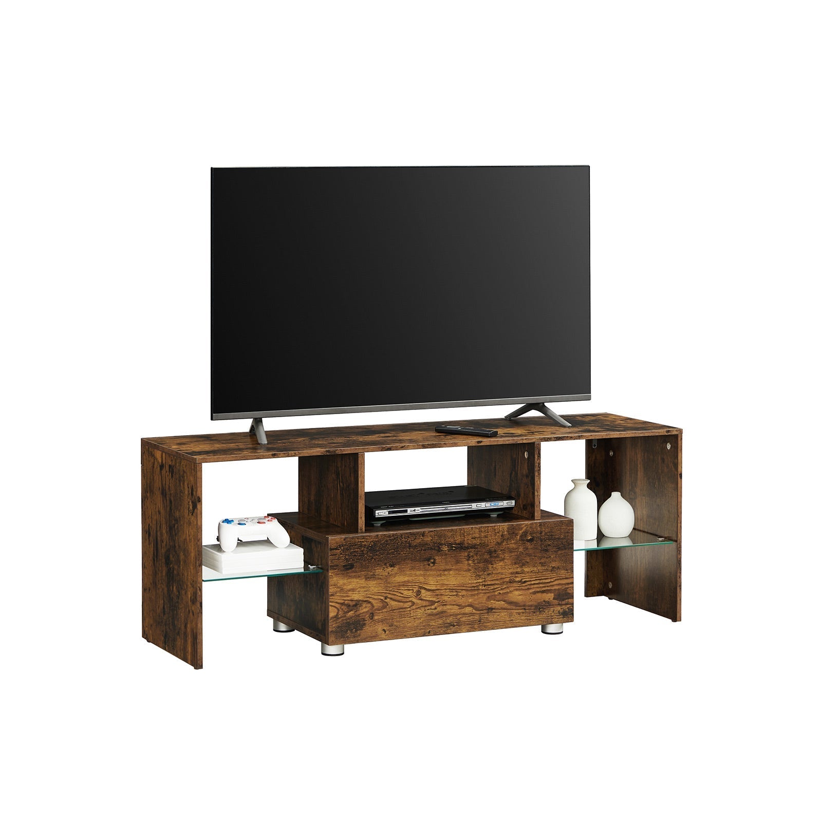 TV Stand - Wood - Rustic Brown - Features Drawer and Glass Storage Shelves for TVs up to 55 Inches