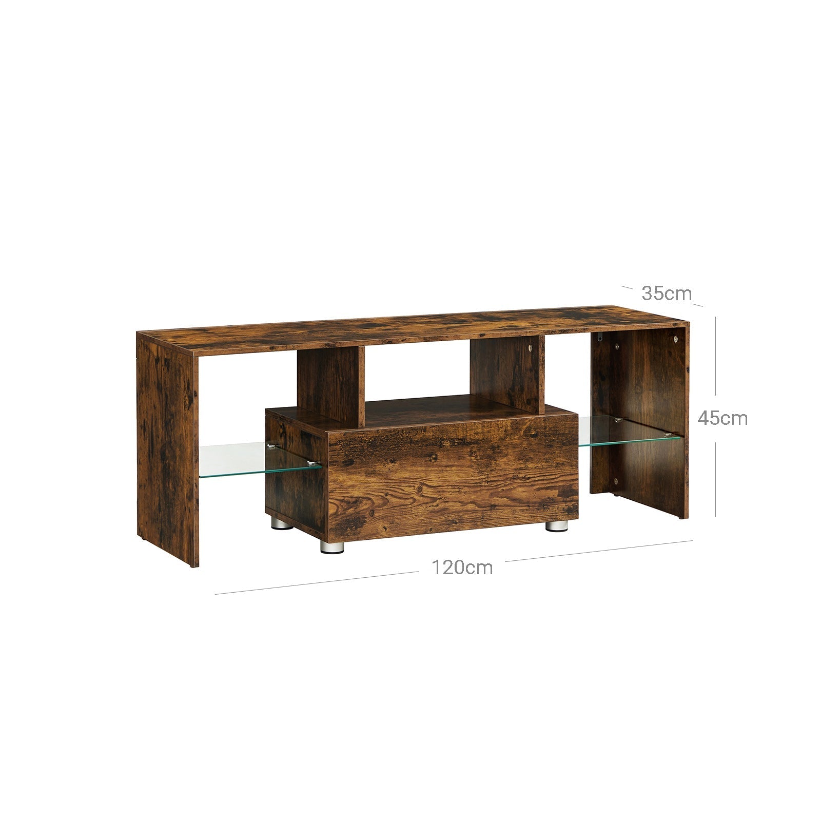 TV Stand - Wood - Rustic Brown - Features Drawer and Glass Storage Shelves for TVs up to 55 Inches