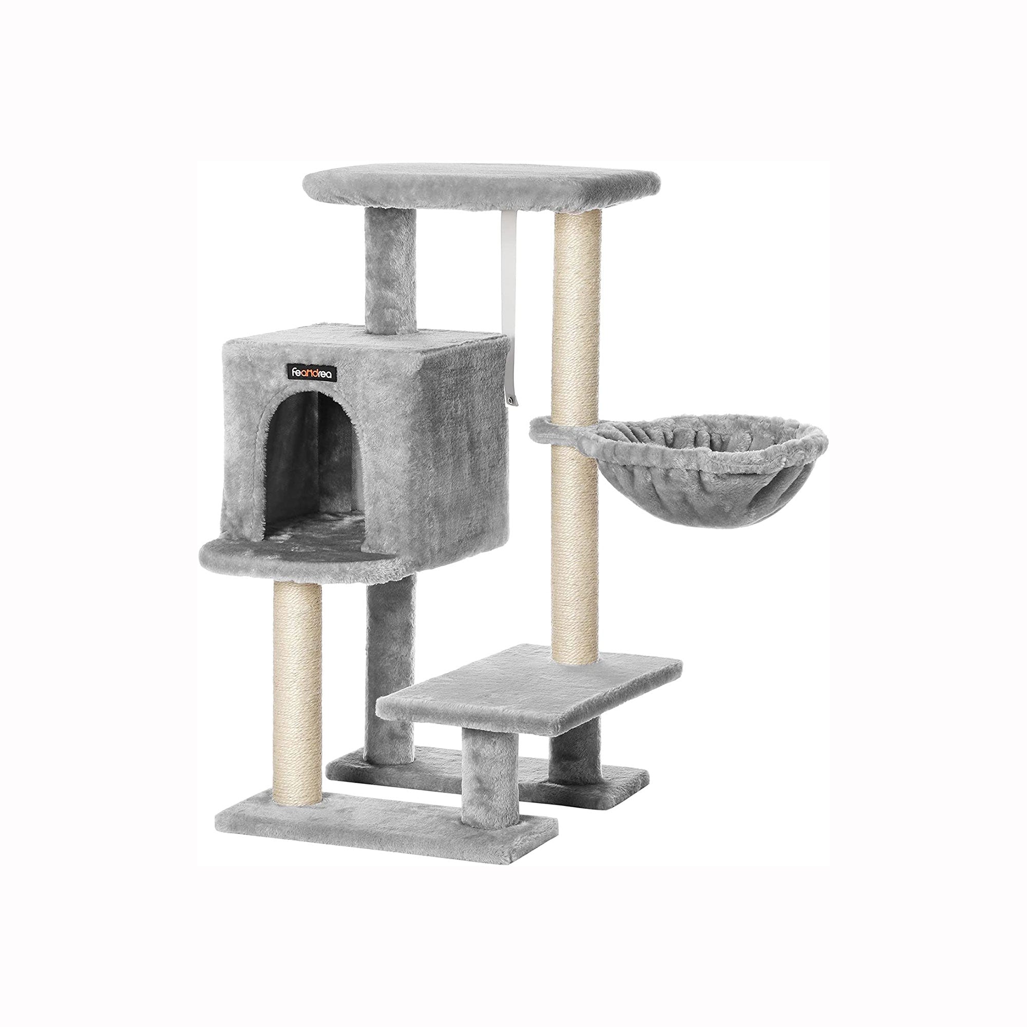 Cat Tree - Plywood - Light Grey - Features Scratching Post and Hammock