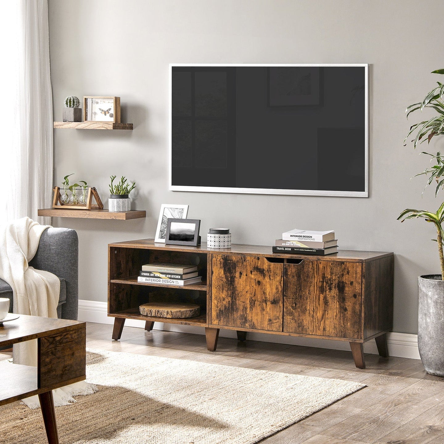 TV Cabinet - Engineered Wood - Rustic Brown - Suitable for TVs up to 60 Inches with Adjustable Shelves