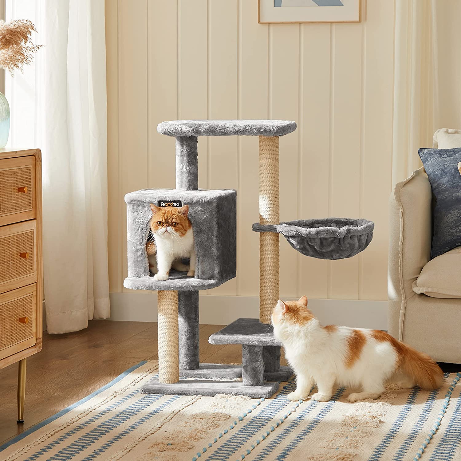 Cat Tree - Plywood - Light Grey - Features Scratching Post and Hammock