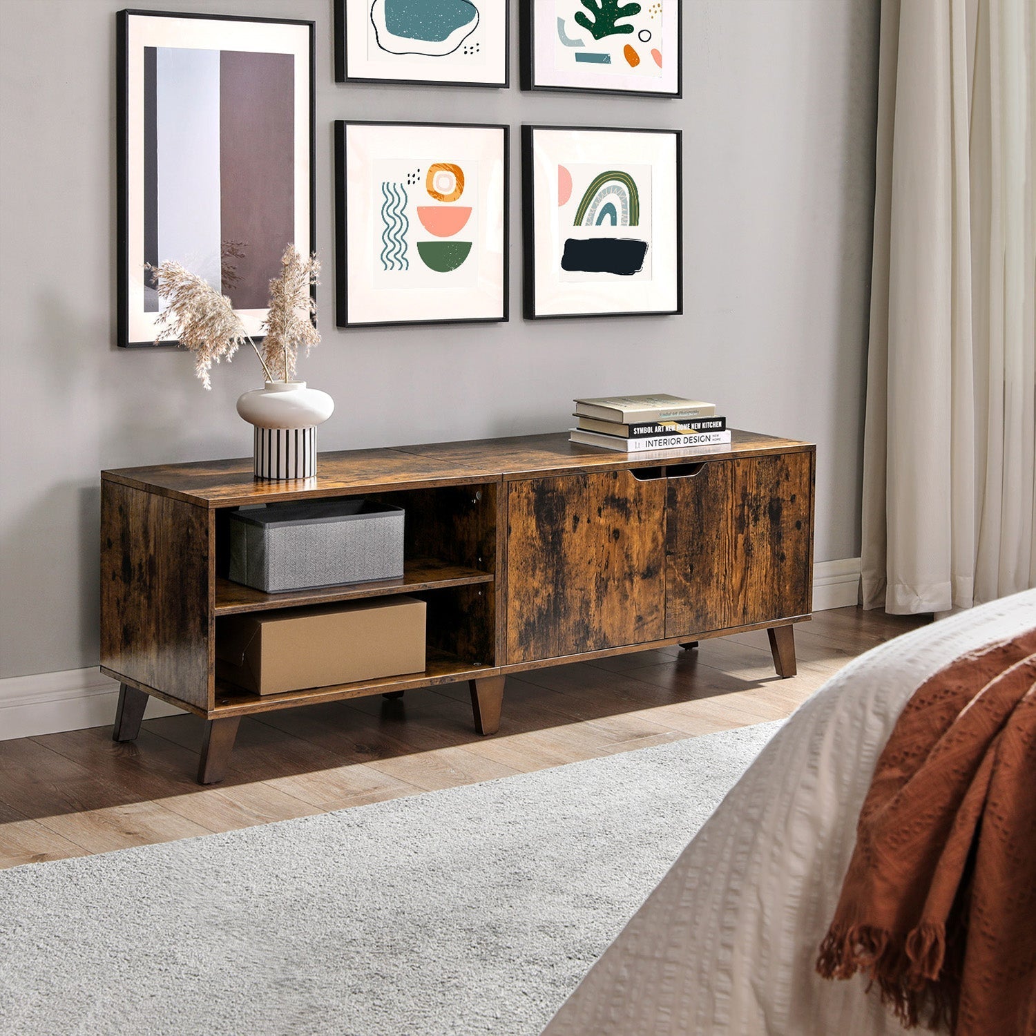 TV Cabinet - Engineered Wood - Rustic Brown - Suitable for TVs up to 60 Inches with Adjustable Shelves