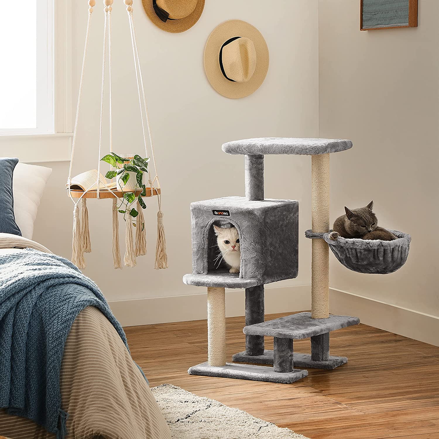 Cat Tree - Plywood - Light Grey - Features Scratching Post and Hammock