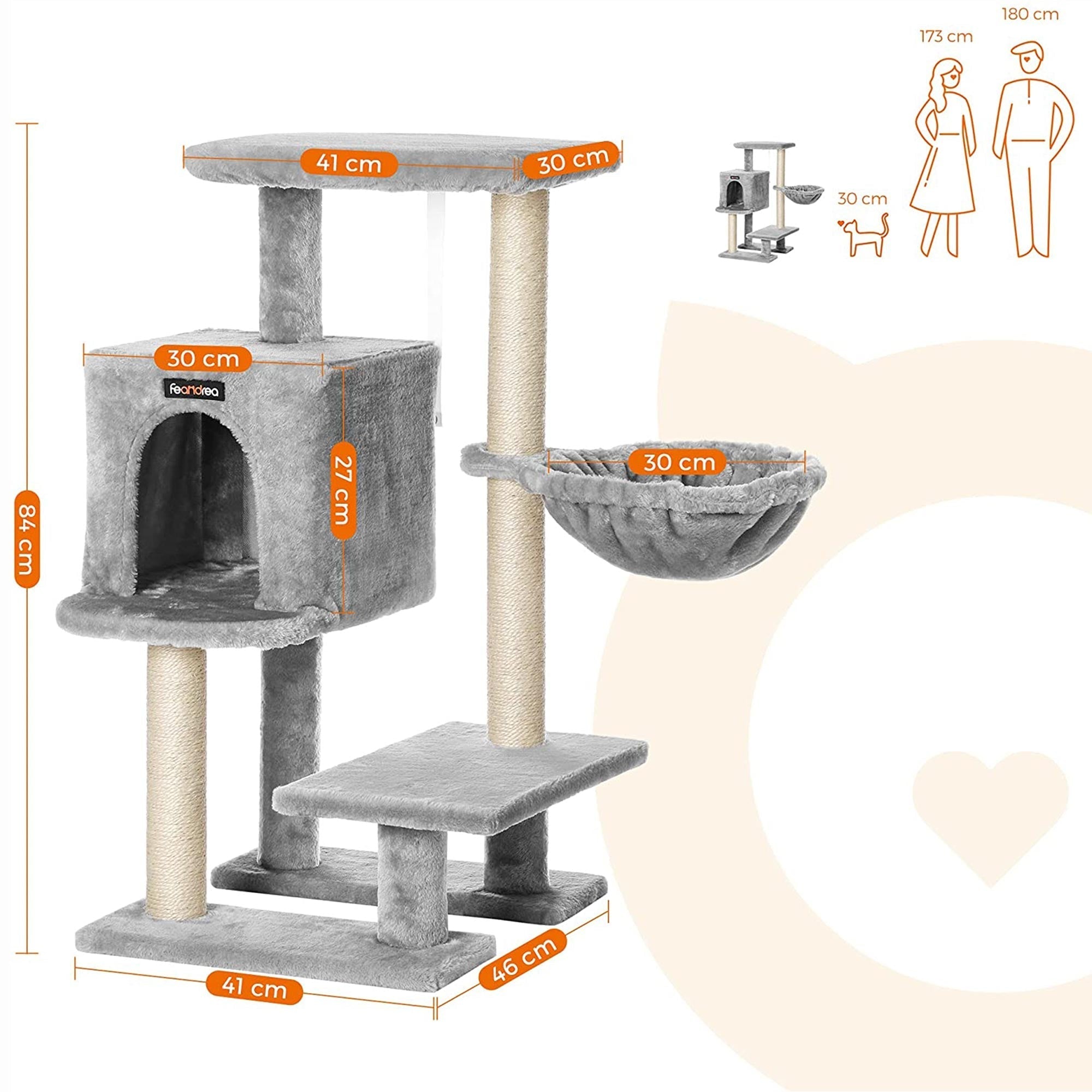 Cat Tree - Plywood - Light Grey - Features Scratching Post and Hammock