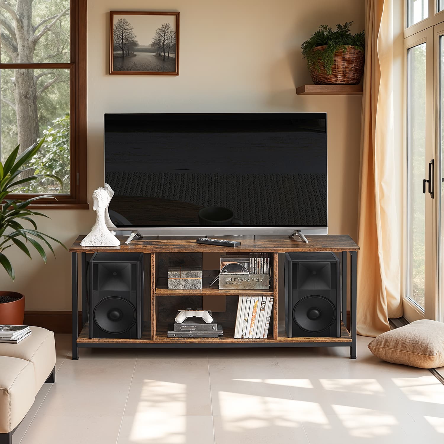TV Stand - Engineered Wood - Rustic Brown - Open Shelves Design for Living Room