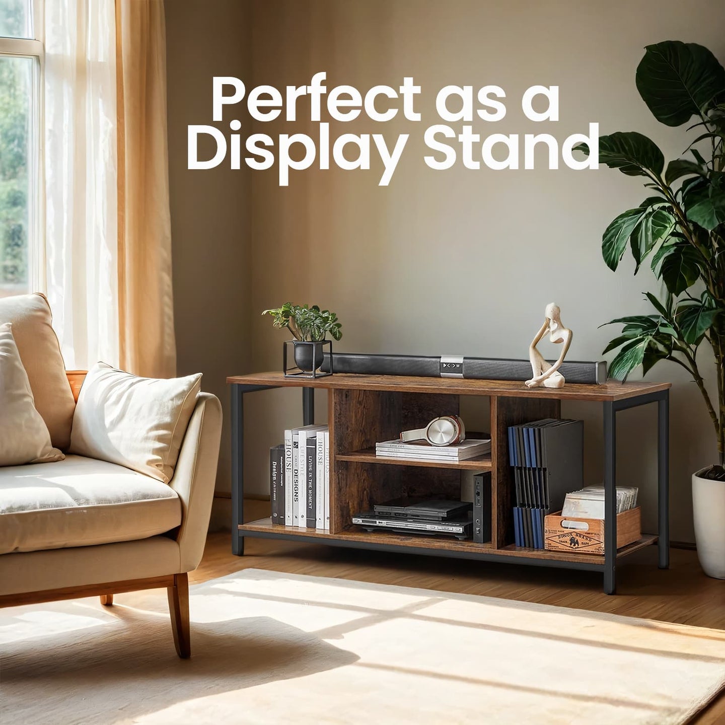 TV Stand - Engineered Wood - Rustic Brown - Open Shelves Design for Living Room
