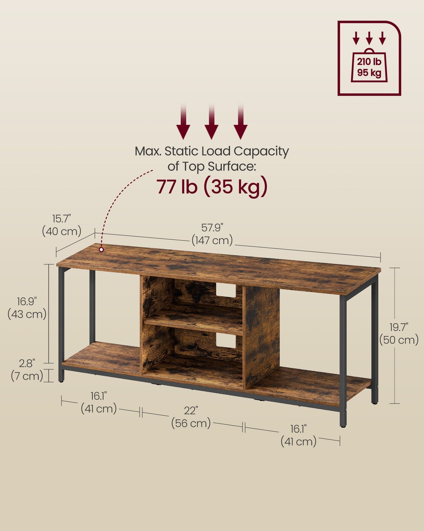 TV Stand - Engineered Wood - Rustic Brown - Open Shelves for TVs up to 65 Inches