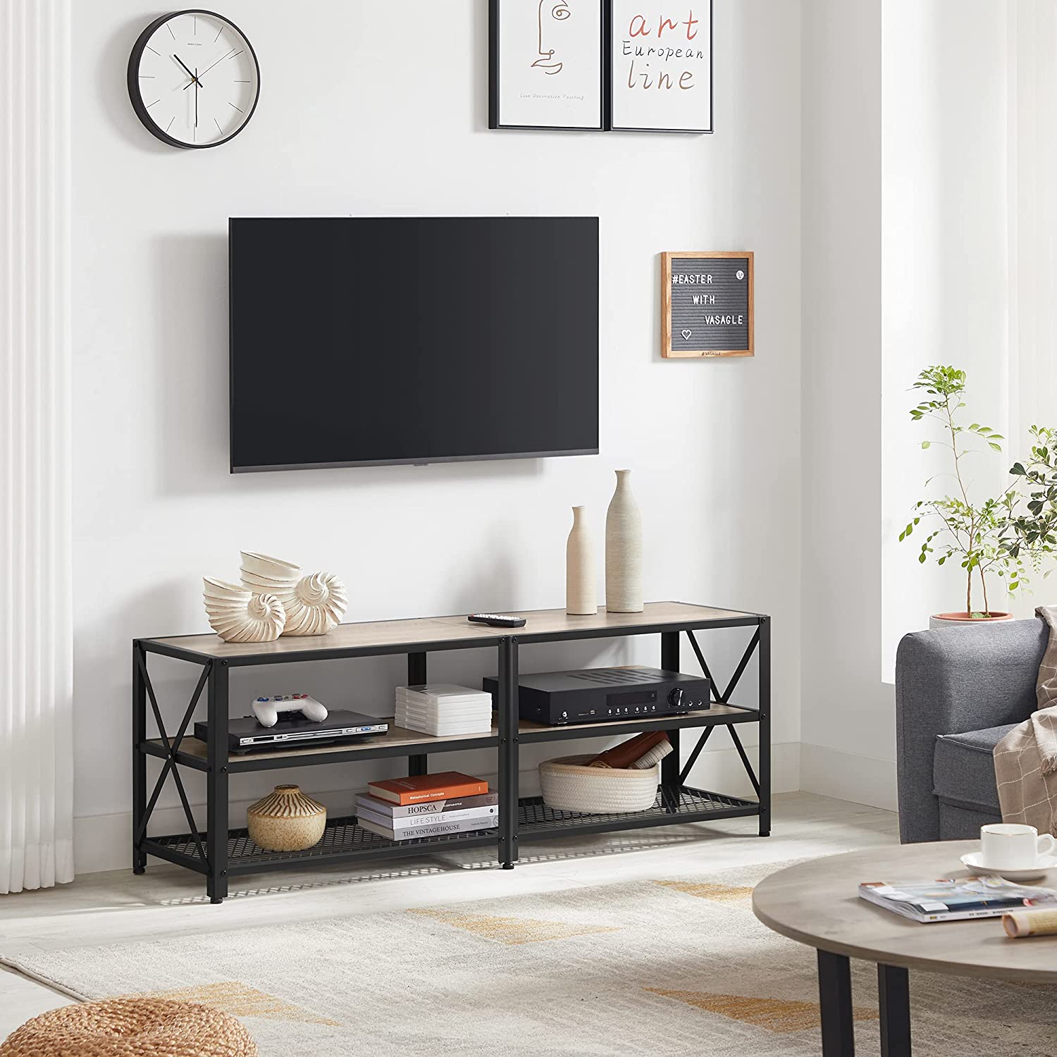 TV Stand Unit - Steel - Rustic Brown and Black - 3-Tier Design for 60-Inch TVs