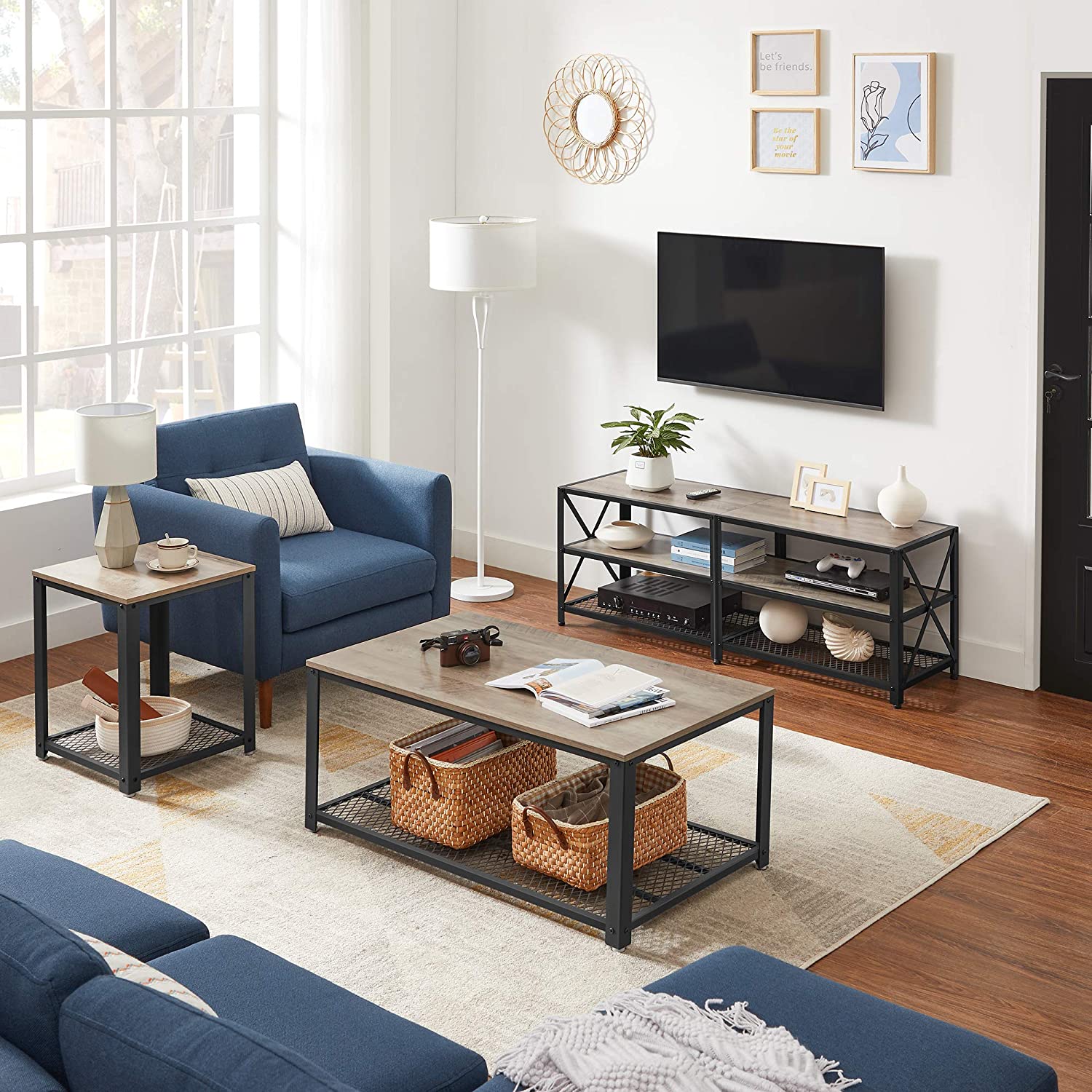 TV Stand Unit - Steel - Rustic Brown and Black - 3-Tier Design for 60-Inch TVs