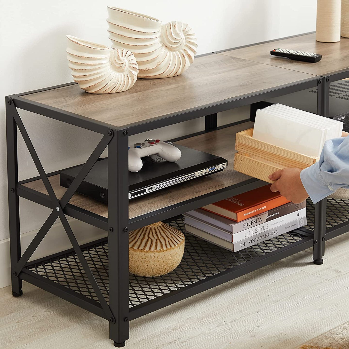 TV Stand Unit - Steel - Rustic Brown and Black - 3-Tier Design for 60-Inch TVs
