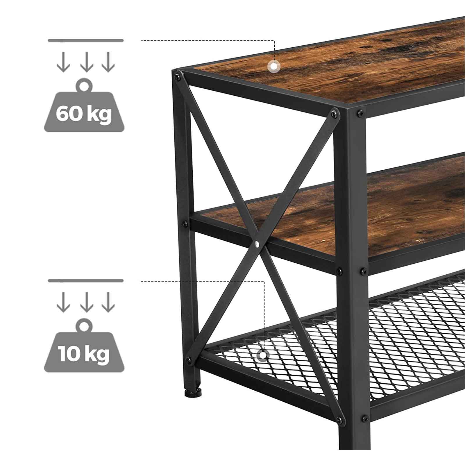 TV Stand - Steel Frame - Rustic Brown and Black - For TVs up to 70 Inches with Shelves