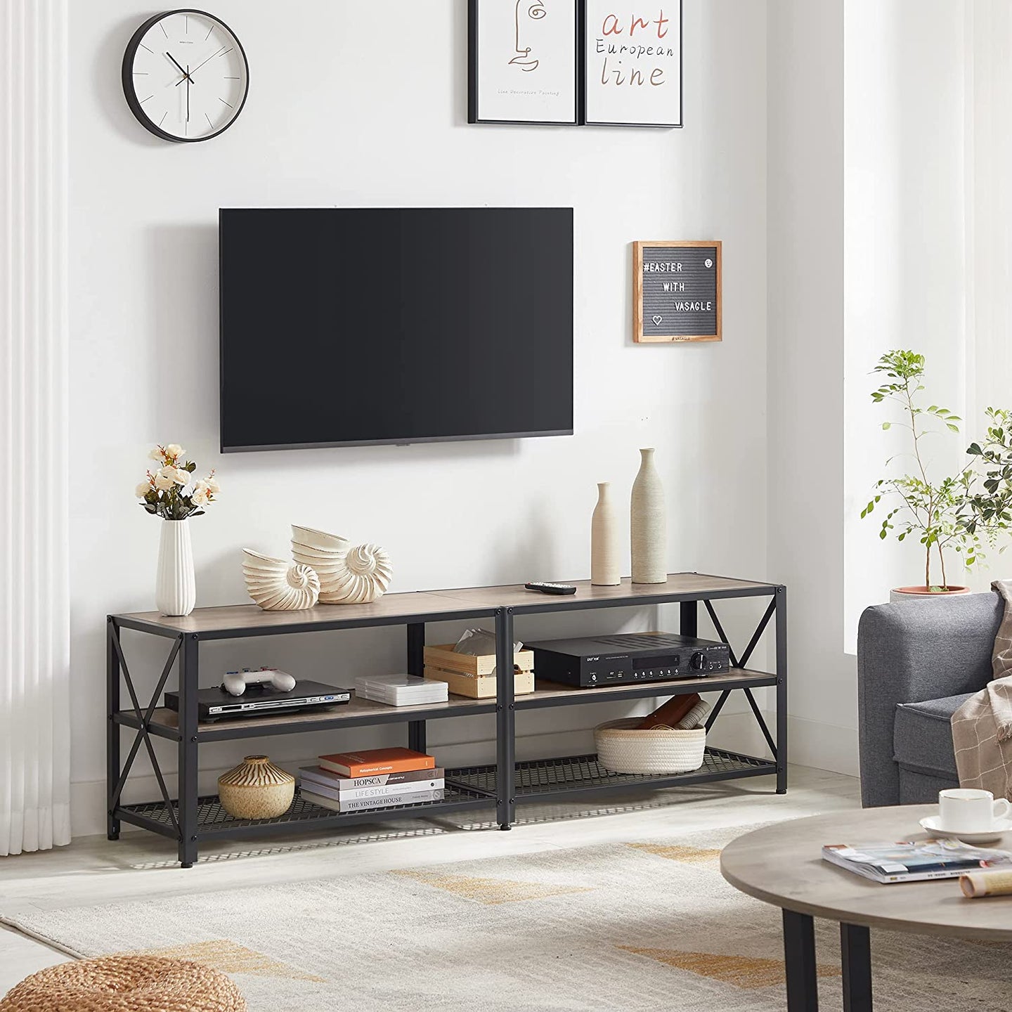 TV Stand - Steel Frame - Rustic Brown and Black - For TVs up to 70 Inches with Shelves