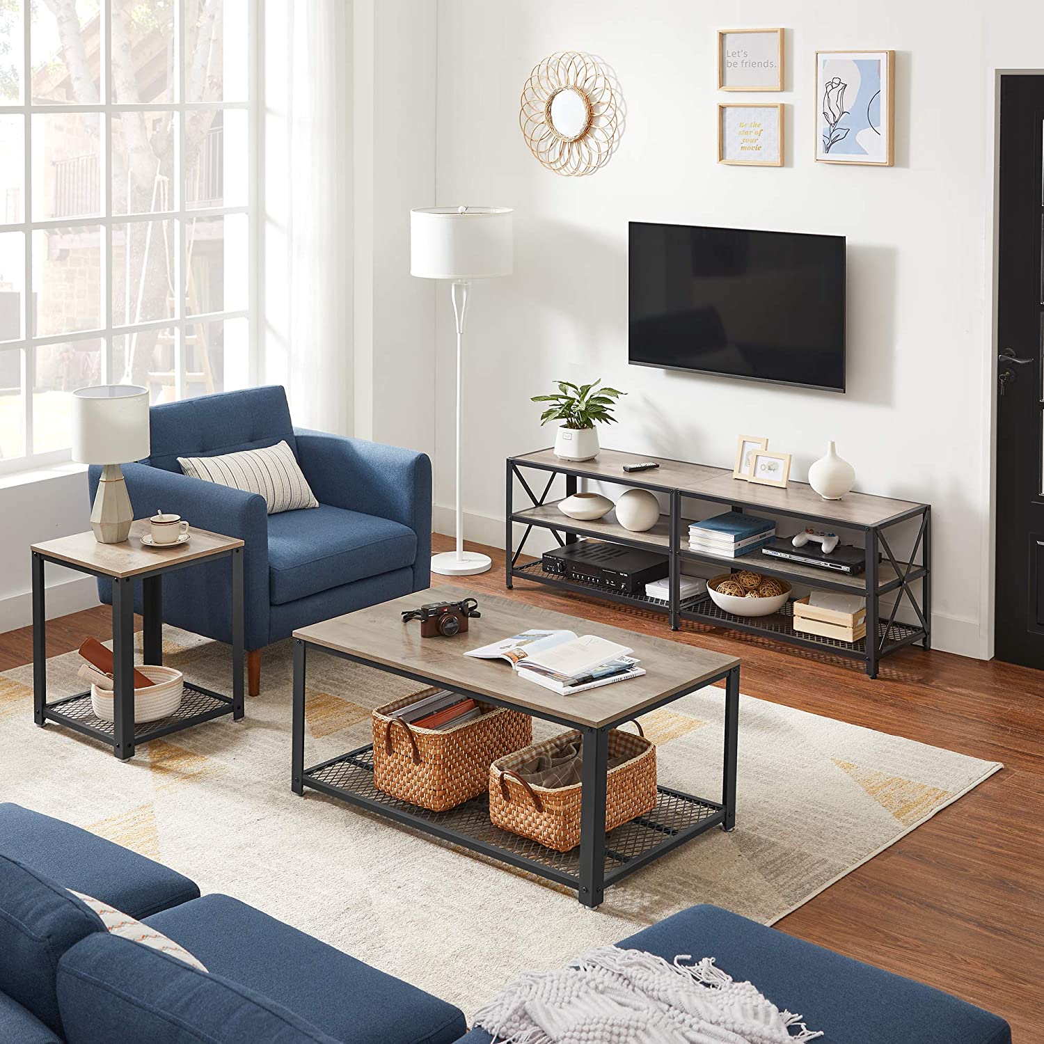 TV Stand - Steel Frame - Rustic Brown and Black - For TVs up to 70 Inches with Shelves