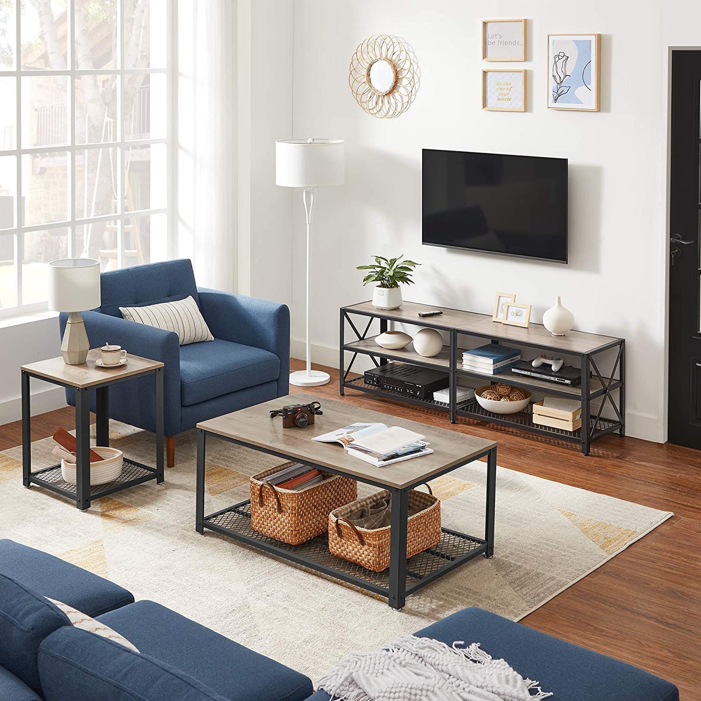 TV Stand - Steel Frame - Rustic Brown and Black - For TVs up to 70 Inches with Shelves