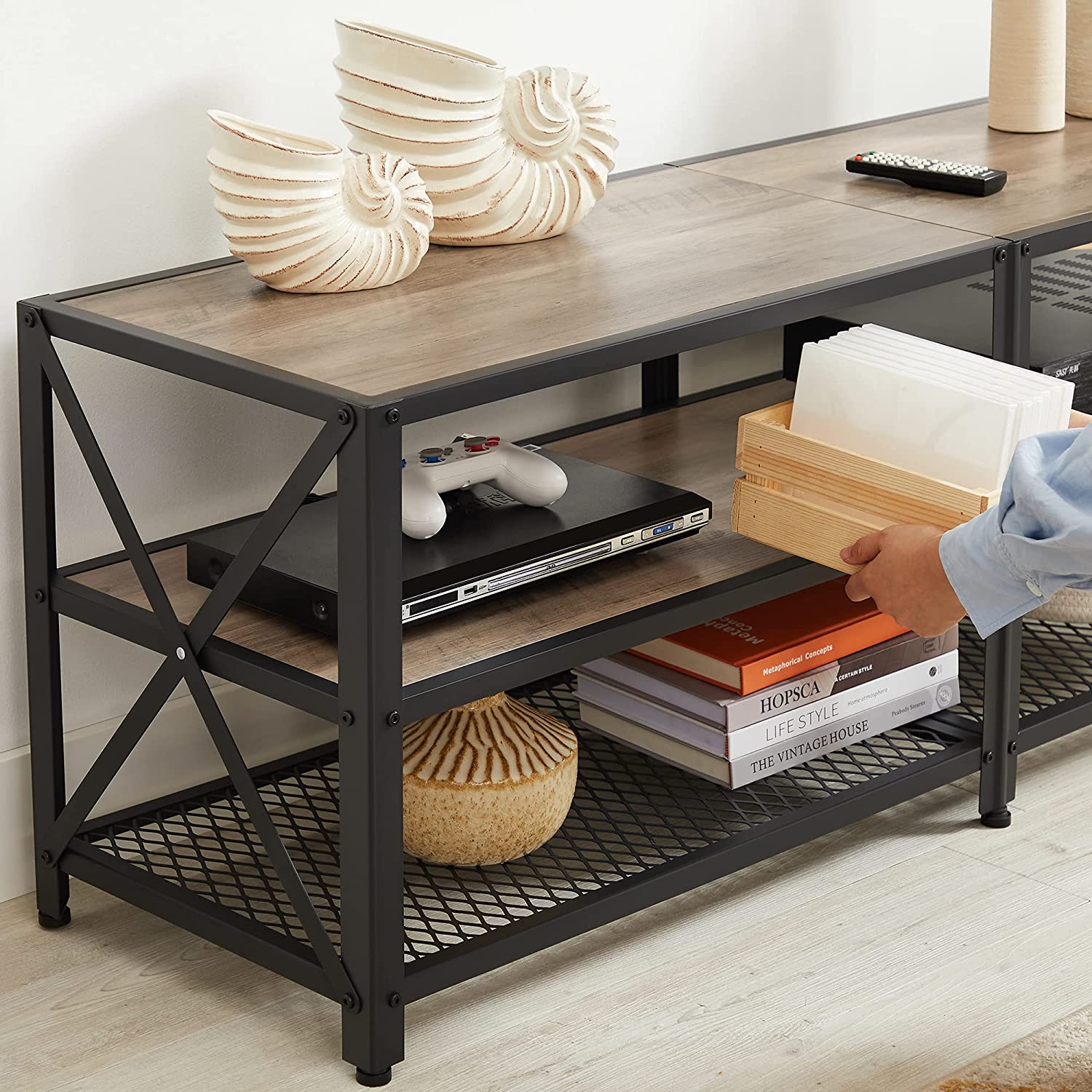 TV Stand - Steel Frame - Rustic Brown and Black - For TVs up to 70 Inches with Shelves