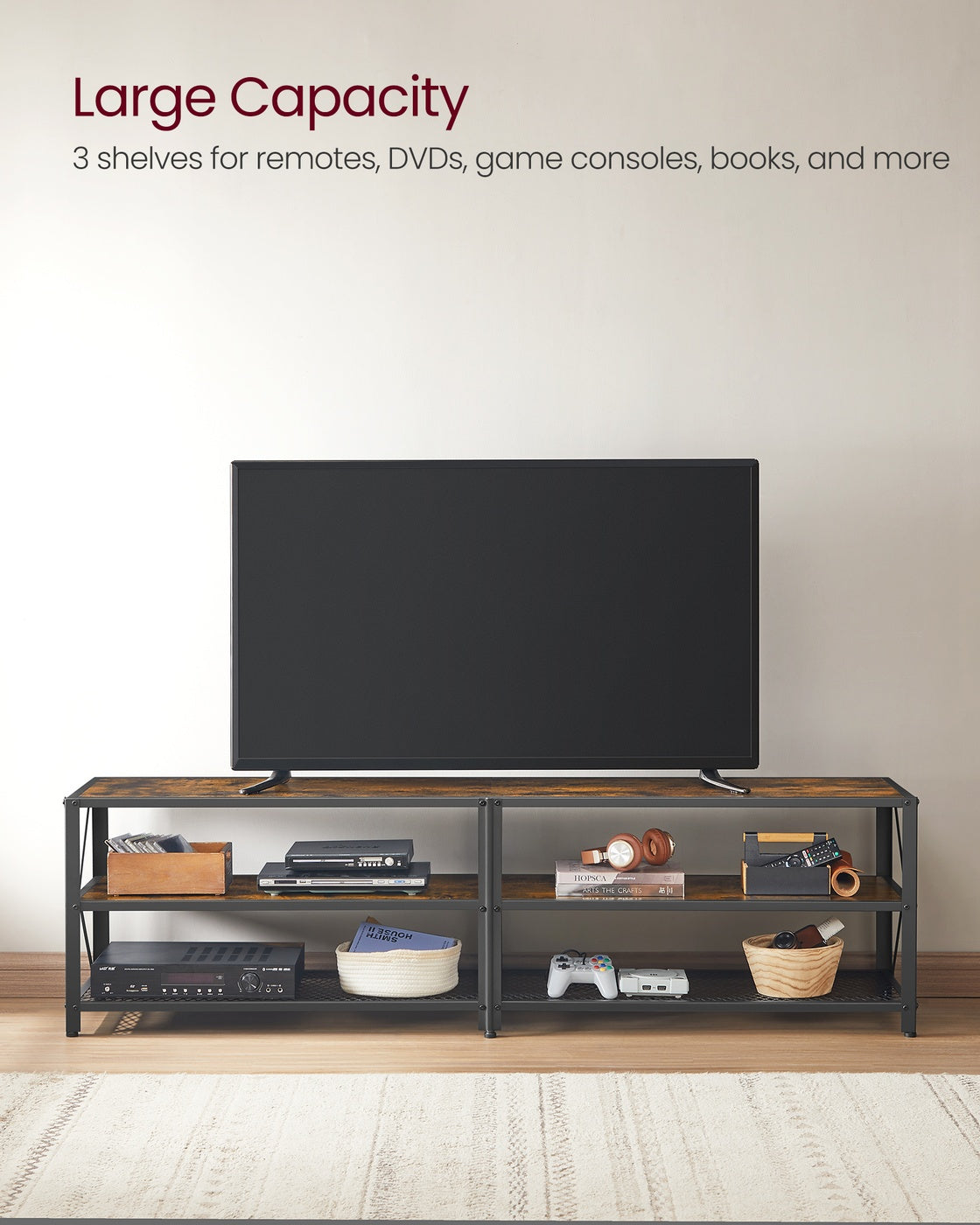TV Stand - Steel Frame - Rustic Brown and Black - Suitable for TVs up to 75 Inches with Shelves