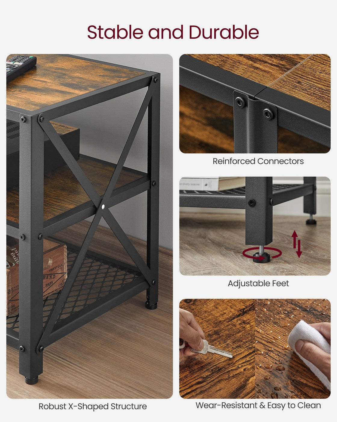 TV Stand - Steel Frame - Rustic Brown and Black - Suitable for TVs up to 75 Inches with Shelves