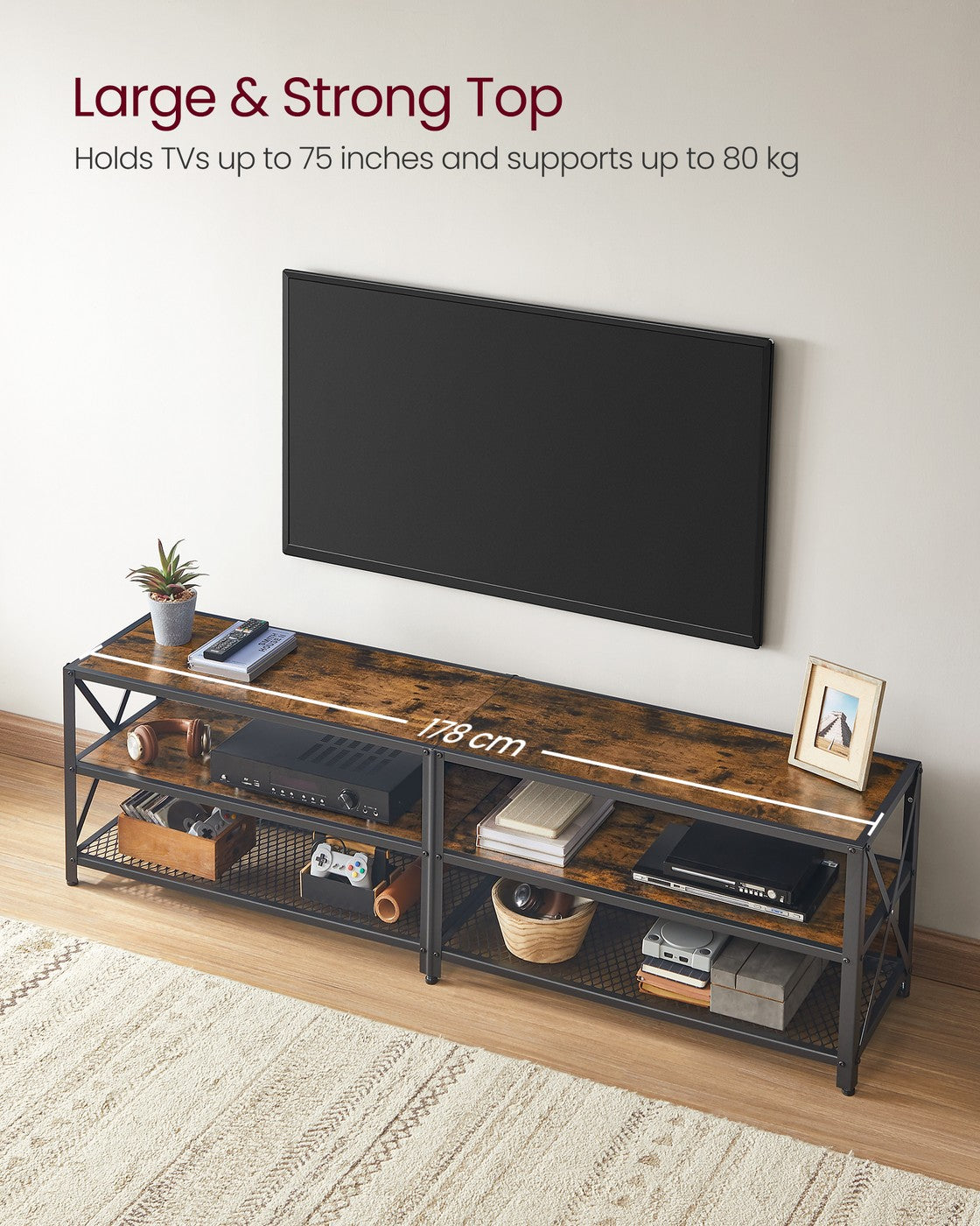 TV Stand - Steel Frame - Rustic Brown and Black - Suitable for TVs up to 75 Inches with Shelves