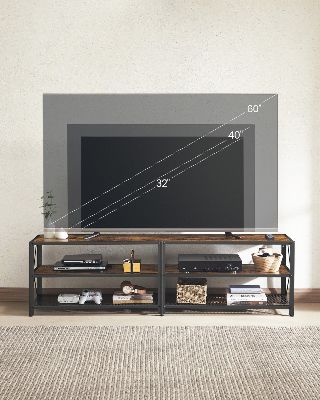 TV Stand - Steel Frame - Rustic Brown and Black - Suitable for TVs up to 75 Inches with Shelves
