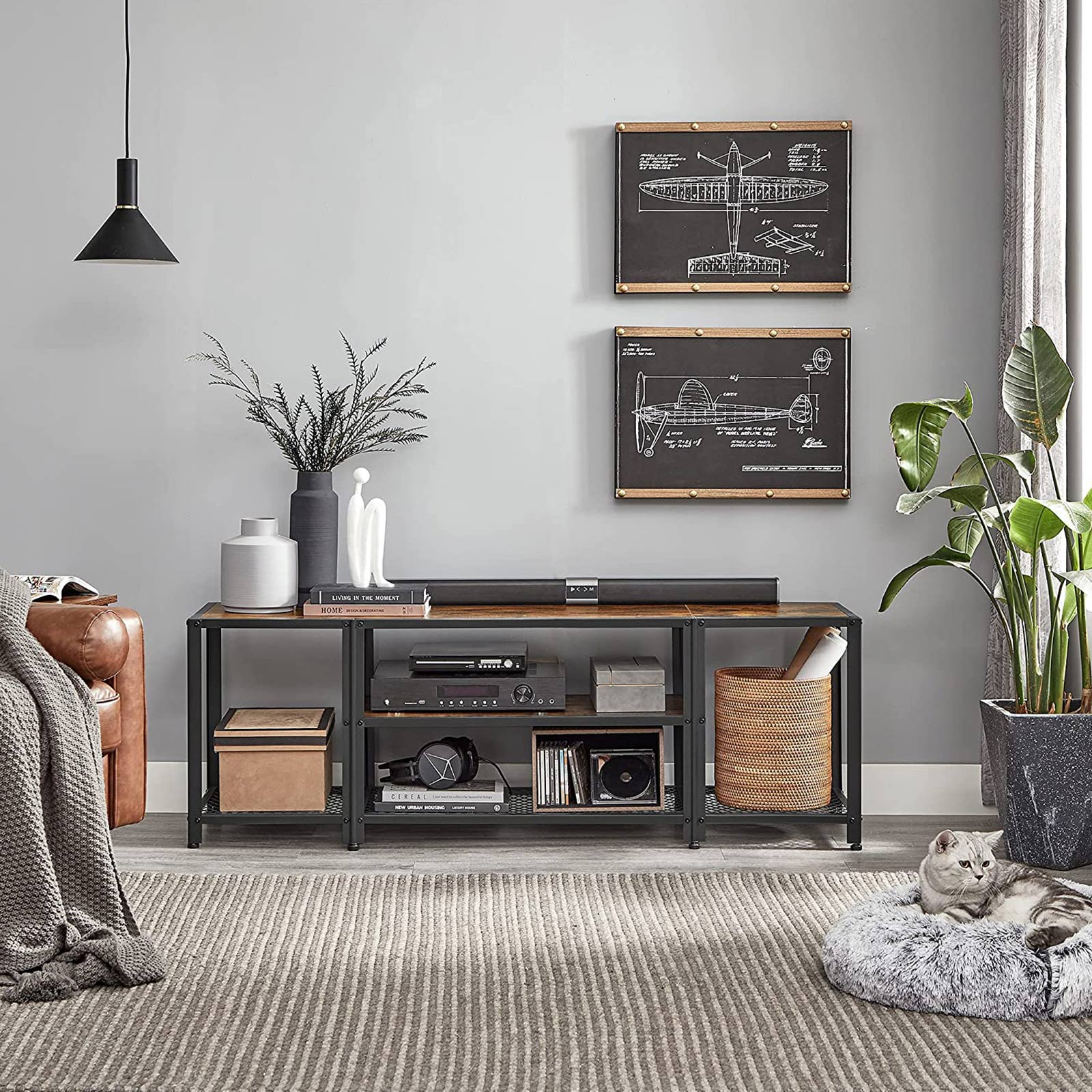 TV Stand - Wood - Rustic Brown and Black - Multi-Tier Design with Open Storage Shelves