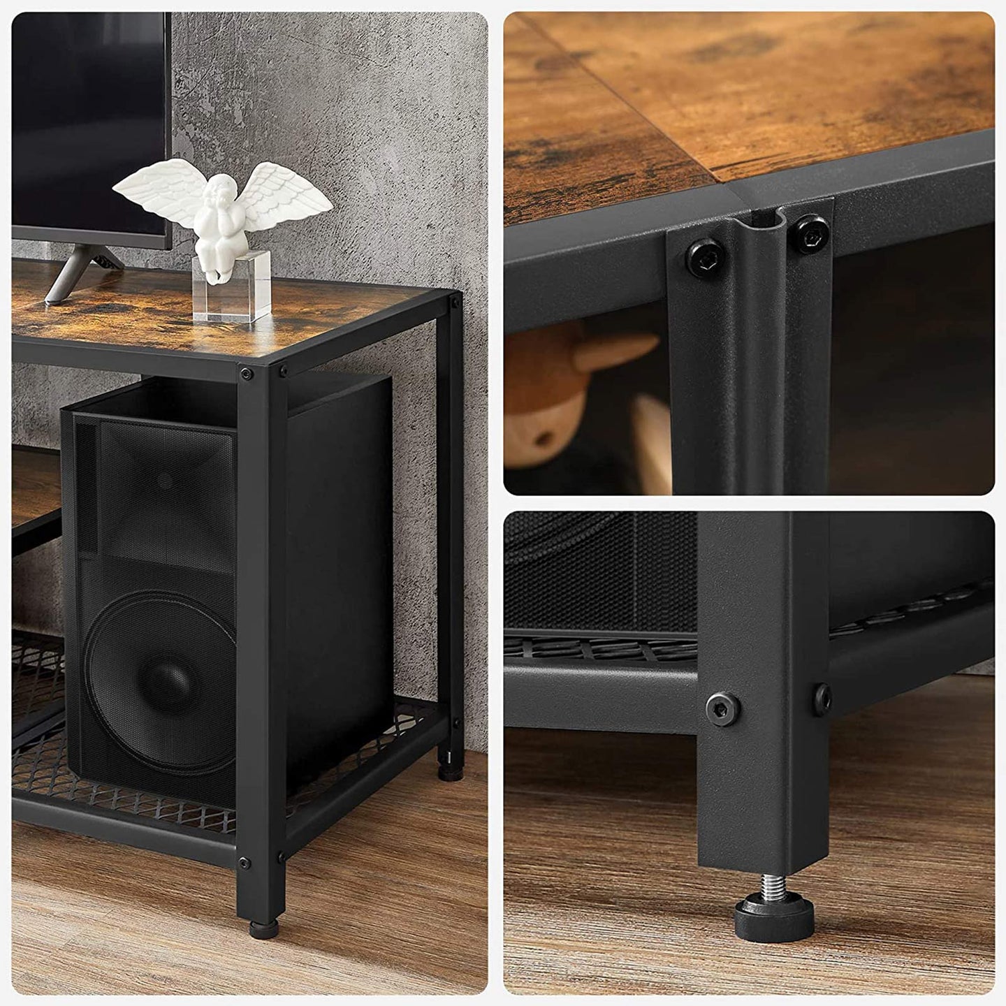 TV Stand - Wood - Rustic Brown and Black - Multi-Tier Design with Open Storage Shelves