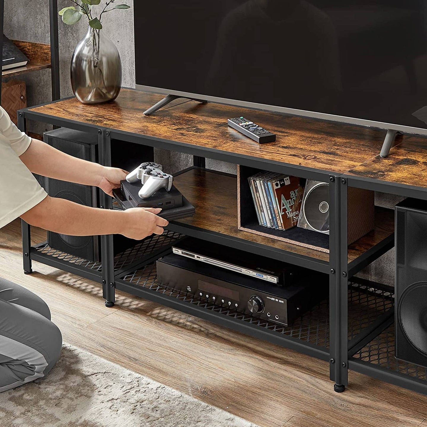TV Stand - Wood - Rustic Brown and Black - Multi-Tier Design with Open Storage Shelves